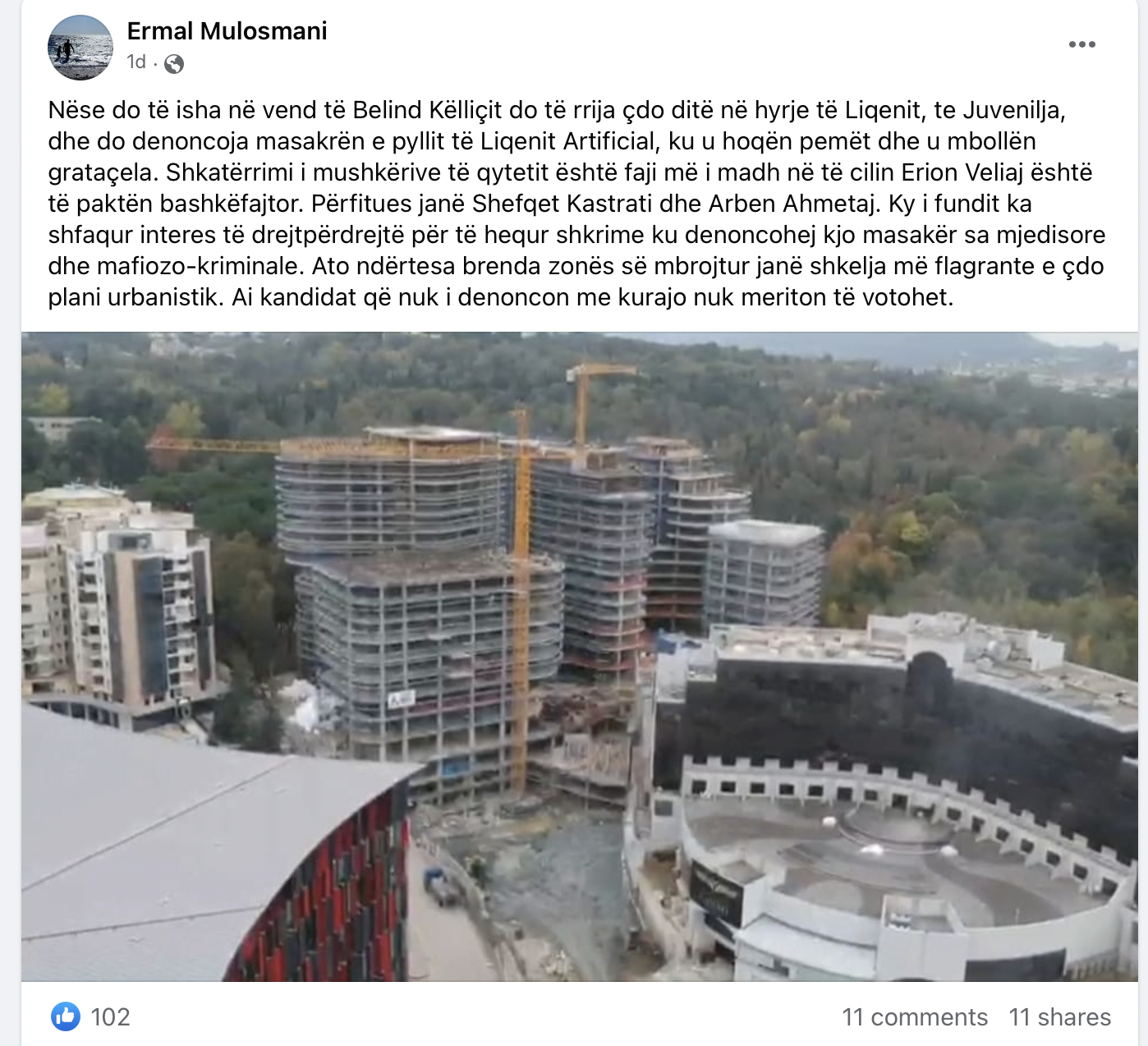 Oligarku Shefqet Kastrati po shkatërron parkun e Liqenit me kulla në Tiranë, askush nuk flet, as opozita 