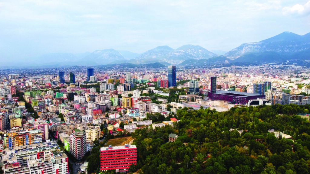 Aerial drone view of Tirana, Albania