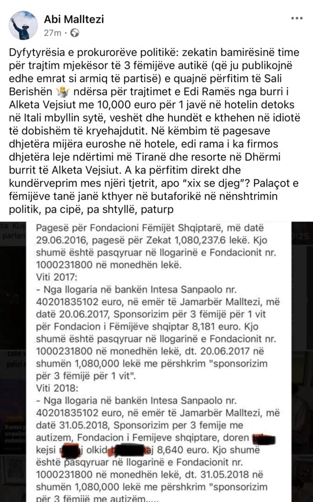 Jamarbër Malltezi nxjerr “letrat”: Bashkëshorti i Alketa Vejsiut , Ardi Nelaj i Orion financon seancat e detoksit të Ramës në Bolzano dhe merr leje ndërtimi në Tiranë e Dhërmi, kurse SPAK merret me zekatin tim për fëmijët në nevojë